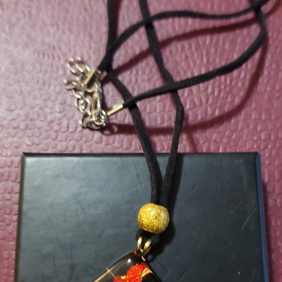 Murano Glass Necklace and Earring Set, Black, Red and Gold - Picture 4 of 11